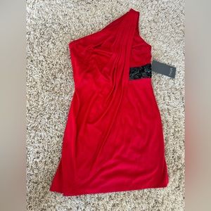 Asymmetric Shoulder Red Waist Detail Jersey Satin Draped
Dress | Theia | NWT | 8